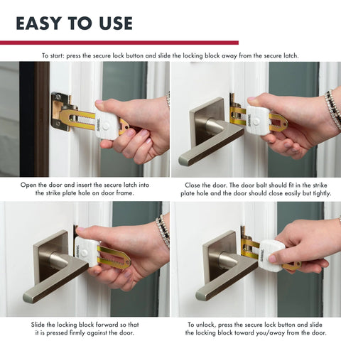 Compact Travel Door Lock Portable Security Lock for Hotels and Rentals installed on door, tool-free installation steps shown.