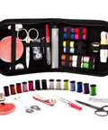 Ultimate Sewing Kit For Home Travel And Emergencies with notions, scissors, thread, and organizer case displayed.