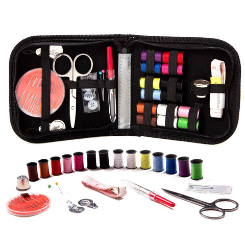 Ultimate Sewing Kit For Home Travel And Emergencies with notions, scissors, thread, and organizer case displayed.