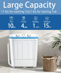 Compact twin-tub portable washer with drying rack and 10 hangers, 11lb wash, 7lb spin capacity, designed for tight spaces, 1300RPM motor