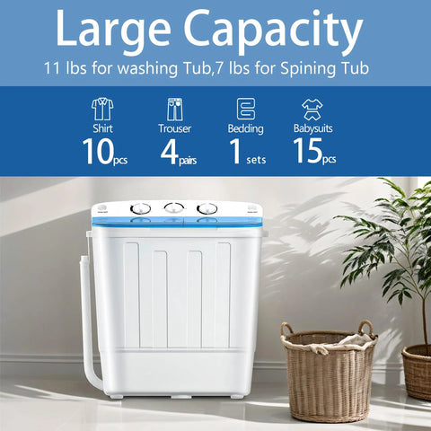 Compact twin-tub portable washer with drying rack and 10 hangers, 11lb wash, 7lb spin capacity, designed for tight spaces, 1300RPM motor