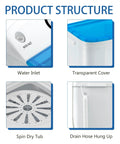 Product structure showing water inlet, transparent cover, spin dry tub, and drain hose hung up for a compact twin-tub portable washer with a drying rack and 10 hangers delivers powerful stain removal in tight spaces like dorms, apartments, and RVs, featuring a 1300RPM motor, 11lb wash and 7lb spin, and space-saving, semi-automatic operation.