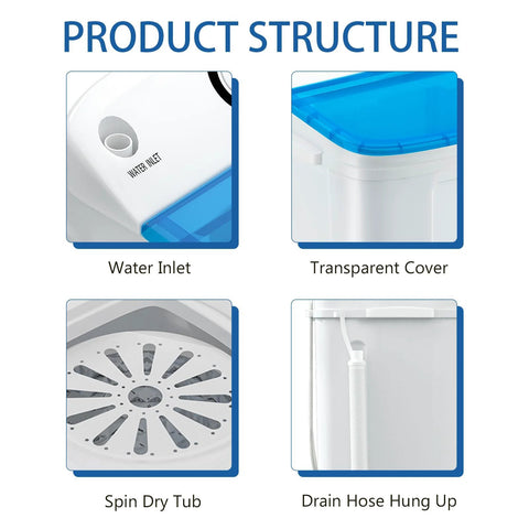 Product structure showing water inlet, transparent cover, spin dry tub, and drain hose hung up for a compact twin-tub portable washer with a drying rack and 10 hangers delivers powerful stain removal in tight spaces like dorms, apartments, and RVs, featuring a 1300RPM motor, 11lb wash and 7lb spin, and space-saving, semi-automatic operation.