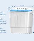 Compact twin-tub portable washer with a drying rack and 10 hangers delivers powerful stain removal in tight spaces like dorms, apartments, and RVs, featuring a 1300RPM motor, 11lb wash and 7lb spin, and space-saving, semi-automatic operation.