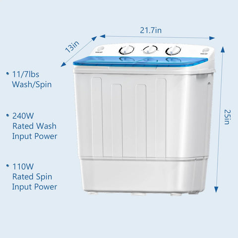 Compact twin-tub portable washer with a drying rack and 10 hangers delivers powerful stain removal in tight spaces like dorms, apartments, and RVs, featuring a 1300RPM motor, 11lb wash and 7lb spin, and space-saving, semi-automatic operation.