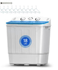 Compact twin-tub portable washer with a drying rack and 10 hangers delivers powerful stain removal in tight spaces like dorms, apartments, and RVs, featuring a 1300RPM motor, 11lb wash and 7lb spin, and space-saving, semi-automatic operation.