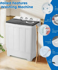 Compact portable twin-tub washing machine with 18 lb wash, 10 lb dry capacity and 28 lb total, featuring a built-in drain pump