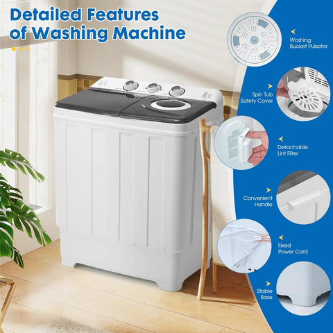 Compact portable twin-tub washing machine with 18 lb wash, 10 lb dry capacity and 28 lb total, featuring a built-in drain pump