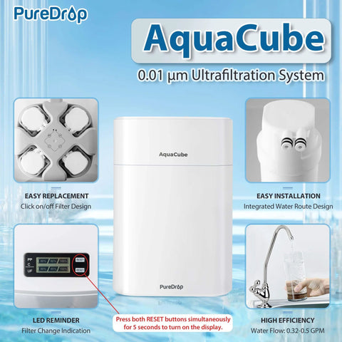 Tankless 0.01 Micron Ultra Filtration Under Sink Water Filter System Four Stage High Capacity for Sink and RV White, front view.