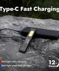 Compact multi mode pocket flashlight delivers 675 lumens, USB C recharge, shown charging on rocky surface outdoors