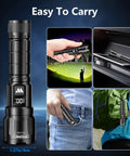 Two compact USB rechargeable LED flashlights deliver up to 6000 lumens with a zoomable beam and three modes, featuring an LCD power display for easy battery checks, perfect for home emergencies, camping, and outdoor adventures. Image shows flashlights in various scenarios, including pocket and backpack storage.