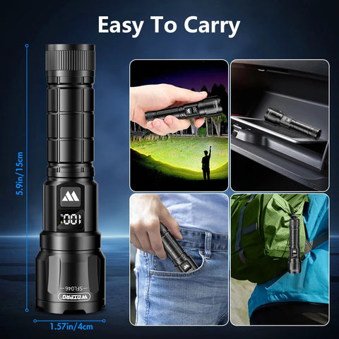 Two compact USB rechargeable LED flashlights deliver up to 6000 lumens with a zoomable beam and three modes, featuring an LCD power display for easy battery checks, perfect for home emergencies, camping, and outdoor adventures. Image shows flashlights in various scenarios, including pocket and backpack storage.