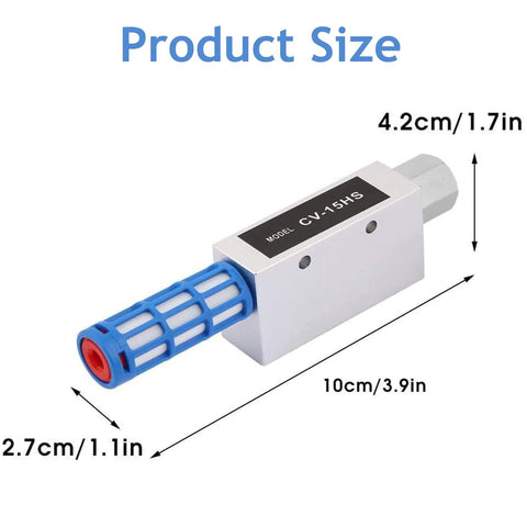 Compact Aluminum Alloy Venturi Vacuum Ejector CV 15HS For RP1 Quarter Diameter Inlets with dimensions and model label