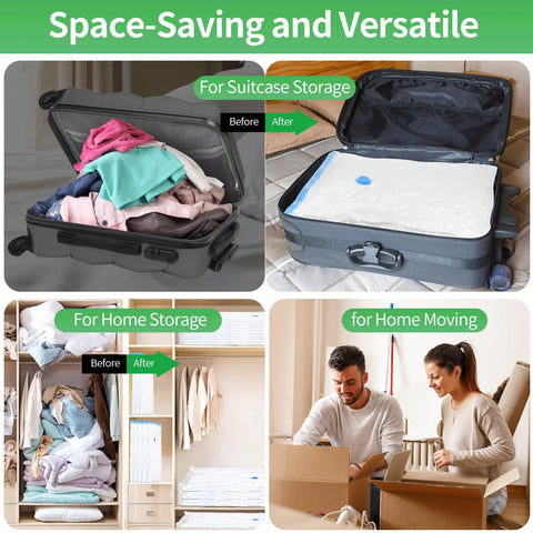 Effortless Electric Vacuum Pump For Storage Bags 55W 5000Pa used for suitcase and home storage, showing before and after compression.