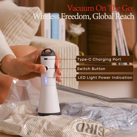 Travel Vacuum Bags With Rechargeable Pump 15 Piece Kit, compact cordless pump in use over compressed bag.
