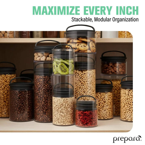 Compact Vacuum Seal Canisters With Twin Valve Airtight Lids, BPA Free, Short Set Of 3, assorted sizes filled with snacks and coffee