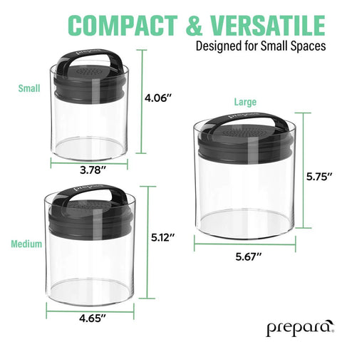 Compact Vacuum Seal Canisters With Twin Valve Airtight Lids, BPA Free, Short Set Of 3 In Assorted Sizes, Small Medium Large