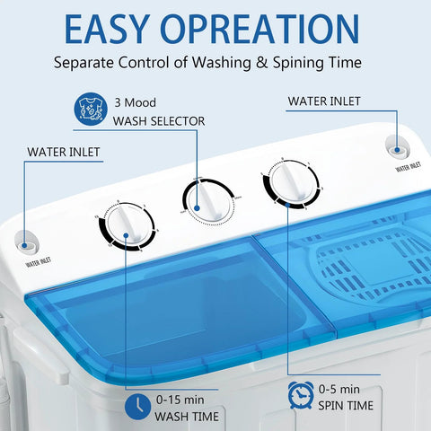 Close-up of control panel on compact twin-tub portable washer with a drying rack and 10 hangers for tight spaces, featuring 1300RPM motor.