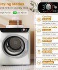 Compact 28 lb washer and 2.6 cu ft dryer combo delivers space-saving laundry power for apartments, dorms, and RVs, shown with drying modes chart.