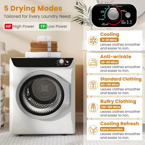 Compact 28 lb washer and 2.6 cu ft dryer combo delivers space-saving laundry power for apartments, dorms, and RVs, shown with drying modes chart.
