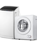 Compact 2-in-1 washer and dryer combo with stainless steel inner tub, shown as a two-piece set for tight spaces.