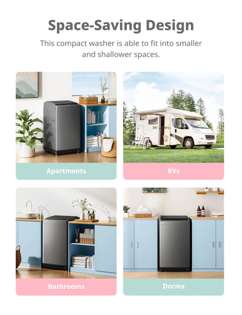 Compact 1.6 Cu Ft Portable Washing Machine With Wheels 11 Lb Capacity in various spaces: apartments, RVs, bathrooms, dorms