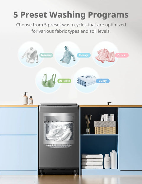 Compact 1.6 Cu Ft Portable Washing Machine With Wheels 11 Lb Capacity Fully Automatic Top Load Washer in laundry setting.