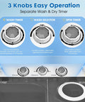 Control panel of compact portable twin-tub washing machine with 18 lb wash, 10 lb dry capacity, featuring built-in drain pump.