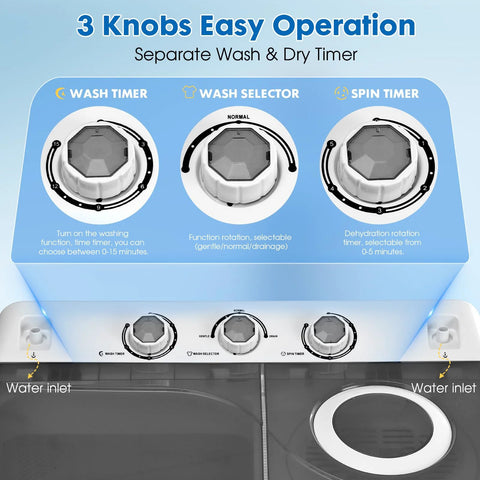 Control panel of compact portable twin-tub washing machine with 18 lb wash, 10 lb dry capacity, featuring built-in drain pump.