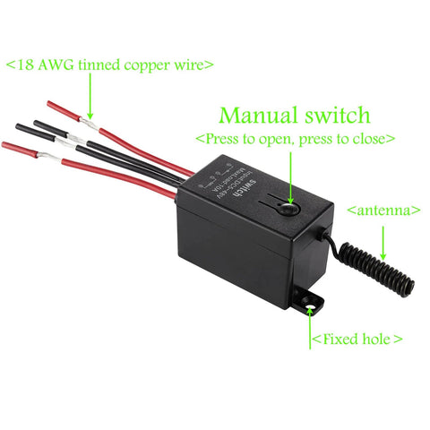 Compact Wireless Relay Remote Switch 12V 5V 12V 48V 10A for Lights & Industrial Control visible with wires and manual switch
