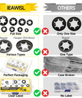 Comparison chart showing IEAWISL Internal Tooth Starlock Washers Kit, 8 sizes M3 to M12, 65Mn steel, against other kits with less variety and packaging flaws.