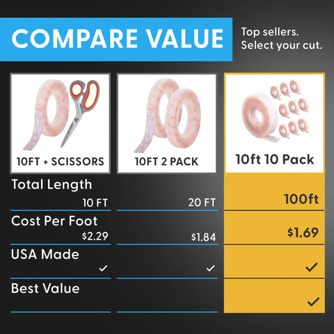 Comparison chart of Industrial Strength 1 Inch By 5 Foot Clear Self Mating Reclosable Fasteners showing 10ft, 20ft, and 100ft options.