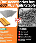 Comparison chart of 1600 pcs nails and staples, highlighting features like anti-rust performance and material hardness.