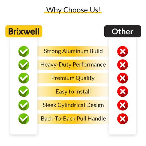 Comparison chart highlighting advantages of Brixwell Back To Back Aluminum Pull Handles over others, showing strong aluminum build and easy installation.