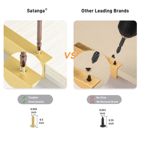 Comparison of Edge Finger Tab Cabinet Pulls Pack of 10 Aluminum Hidden Door Handles in modern matte brass showing screw installation differences.