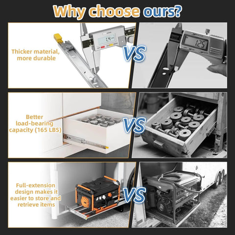 Comparison of 1 Pair Heavy Duty Drawer Slides [165 LB Capacity] with Lock Side Mount 16 Inch, showing thickness, load capacity, and extensions.