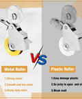 Comparison of metal and plastic rollers, highlighting durability and performance. Metal roller on left, plastic roller on right, both with key features listed.