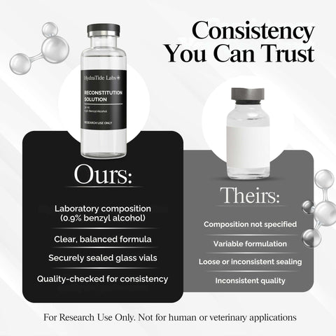 Comparison of Two Pack 30 mL Glass Reconstitution Vials With Deionized Water And 0.9 Percent Benzyl Alcohol for research use.