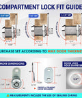 Diagram of 5/8 inch all-metal cam lock for RV storage, cabinets, drawers with measurements, fits 5/16 inch doors, includes keys.