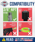 Compatibility chart showing Heavy Duty Stainless Steel 3/8 Inch NPT Quick Connect Kit compatibility with hoses, not M22 or garden hoses.