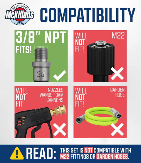 Compatibility chart showing Heavy Duty Stainless Steel 3/8 Inch NPT Quick Connect Kit compatibility with hoses, not M22 or garden hoses.