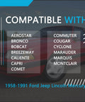 Compatibility list for 1958-1991 Ford, Jeep, Lincoln, Mercury models including Aerostar, Bronco, Bobcat, Cougar, and more.