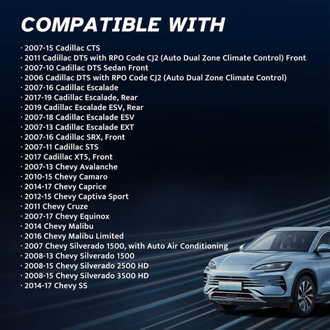 List of compatible vehicles for AC Heater Blower Motor Resistor That Fits Chevy Silverado Tahoe with car image