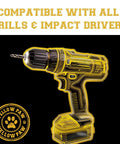 Yellow cordless drill graphic promoting compatibility with all drills and impact drivers, featuring Yellow Paw logo.
