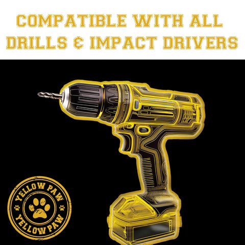Yellow cordless drill graphic promoting compatibility with all drills and impact drivers, featuring Yellow Paw logo.