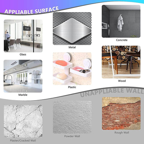 Image showing surfaces suitable and unsuitable for Heavy Duty Waterproof Double Sided Foam Mounting Tape, including glass, metal, and wood.