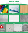 Surfaces suitable for Double Sided Foam Tape Pads include plastic, glass, wood, metal, tiles, and marble. Unsuitable on cracked walls.