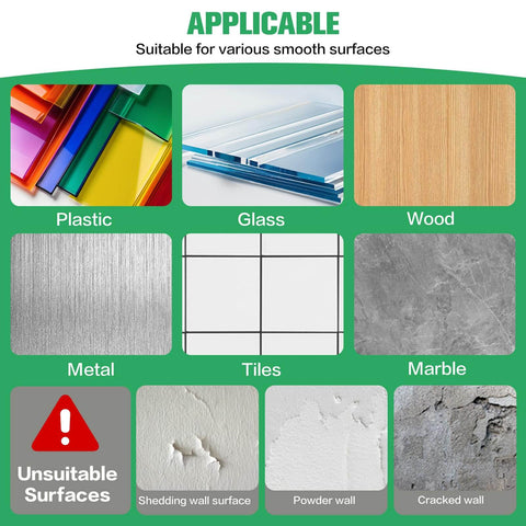 Surfaces suitable for Double Sided Foam Tape Pads include plastic, glass, wood, metal, tiles, and marble. Unsuitable on cracked walls.
