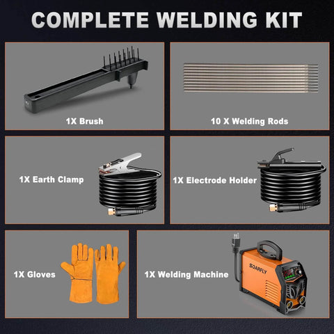 Complete welding kit with Dual Voltage 110V 220V 250Amp Arc Welder, gloves, brush, 10 rods, earth clamp, electrode holder, Soarfly.