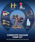 Complete vacuum pump kit with 4 hoses, gauges, adapters, oil, and can tap for HVAC, supports R410A, R134A, R22, Wisscool brand.
